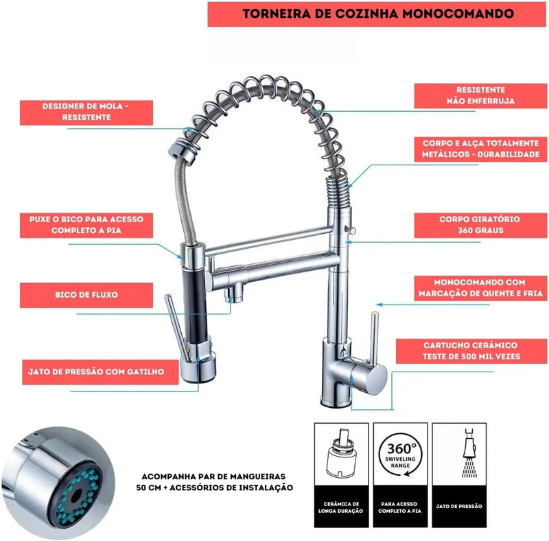 Torneira de cozinha Premium Extensível 50cm Inox