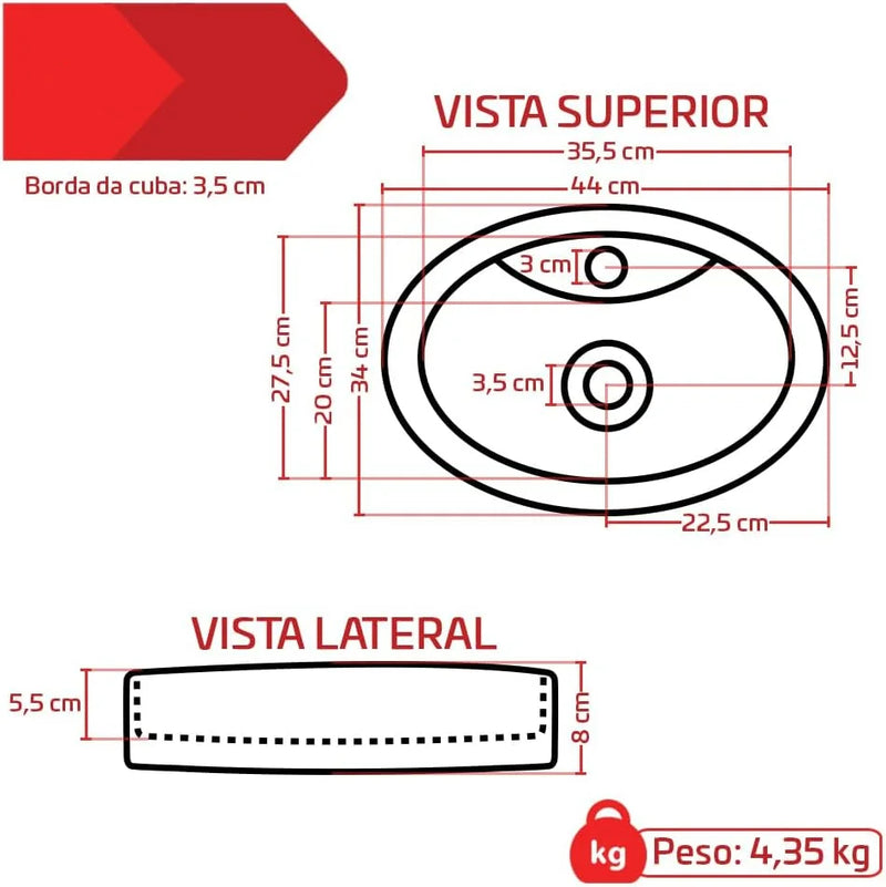 Pia de Apoio para Banheiro Oval 44cm Jade